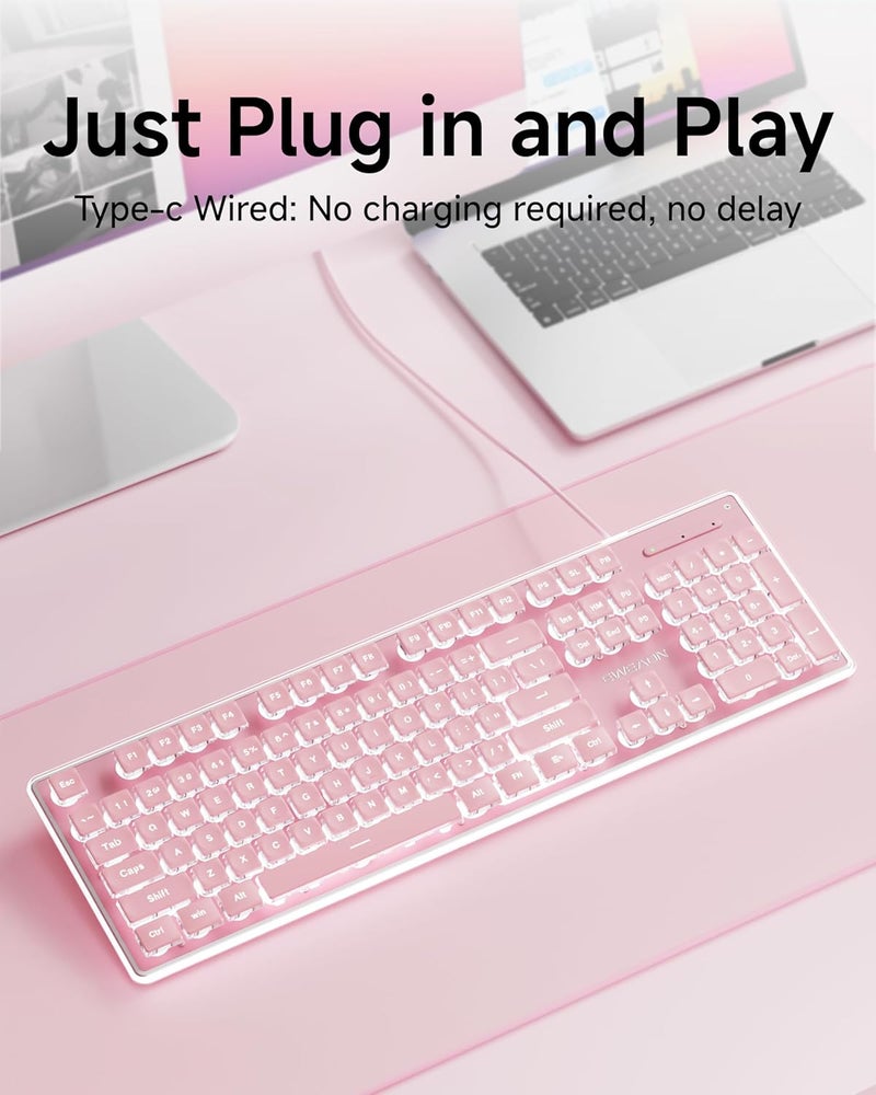 SEUNKWANG EWEADN GX710S Backlit Computer Keyboards, Wired USB Keyboard with White Backlit, Metal Panel, Plug and Play, Pudding Keycaps Full Size Quite Computer Keyboard for Win/PC/Laptop-Pink - Image 3
